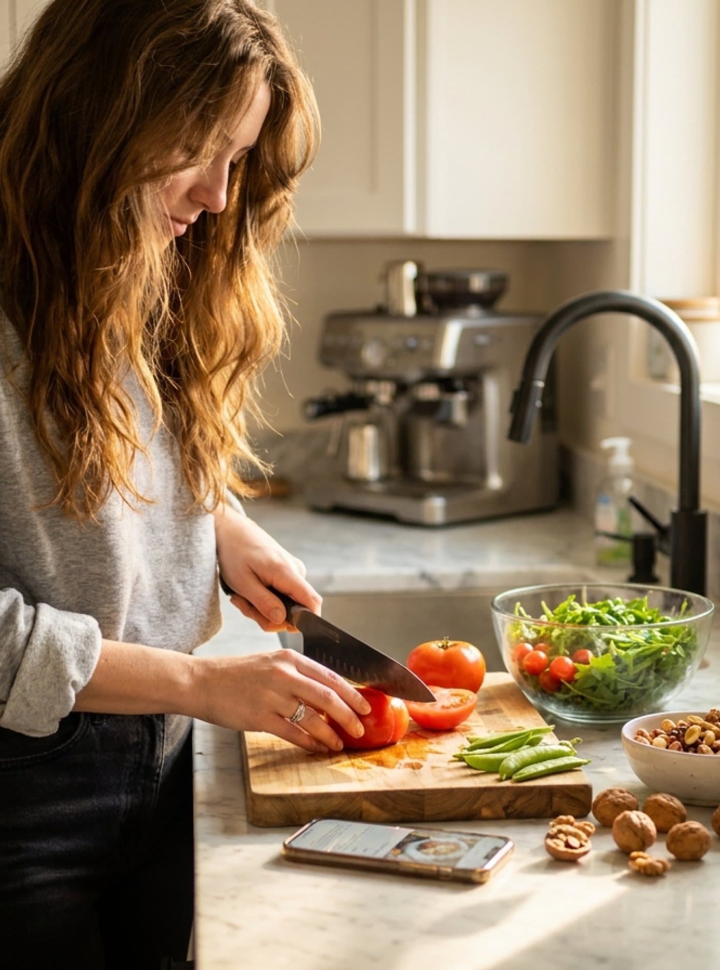 Woman slicing tomatoes on a wooden board in a sunlit kitchen