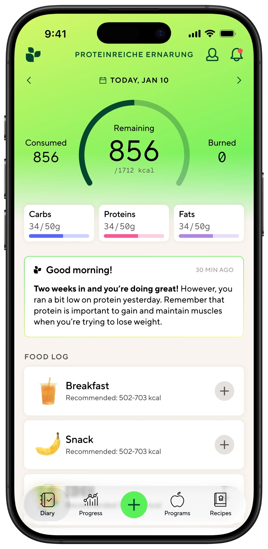 iPhone showing a daily nutrition dashboard with calories remaining, macro breakdown and a food log
