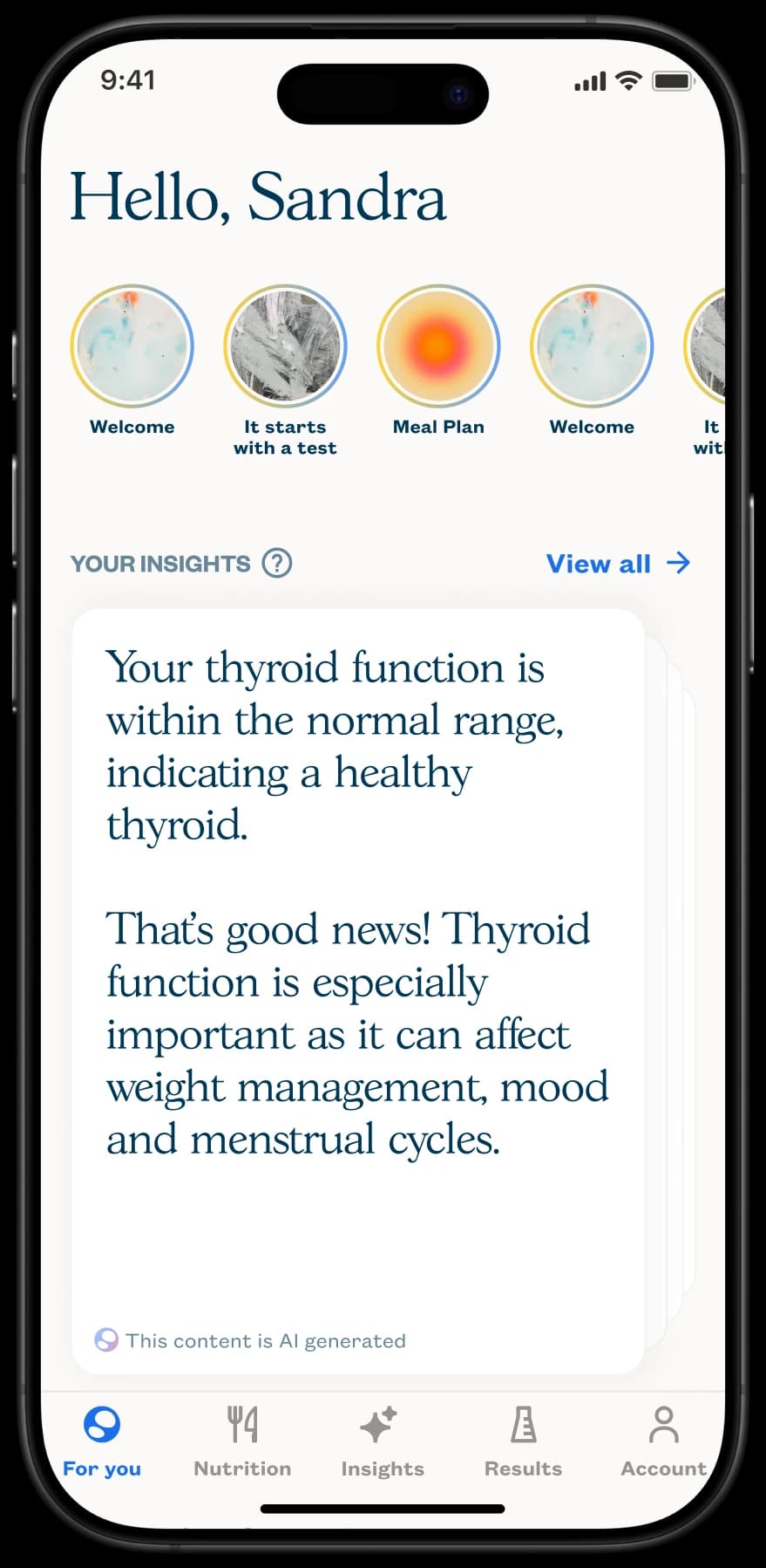 iPhone showing a personalised home screen with story tiles and an AI-generated thyroid health insight
