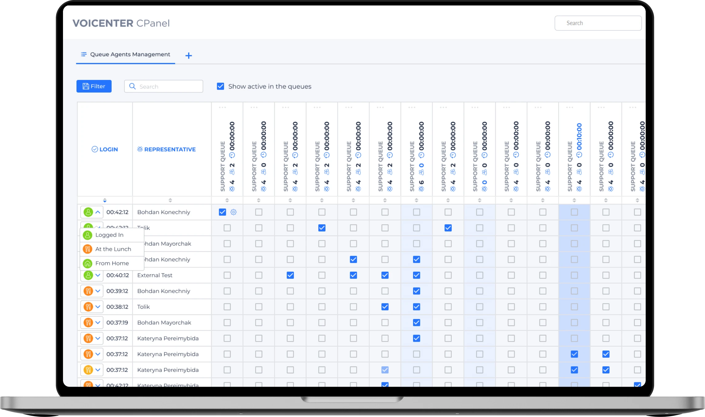 MacBook showing the Voicenter CPanel queue agents management table with per-queue assignment checkboxes